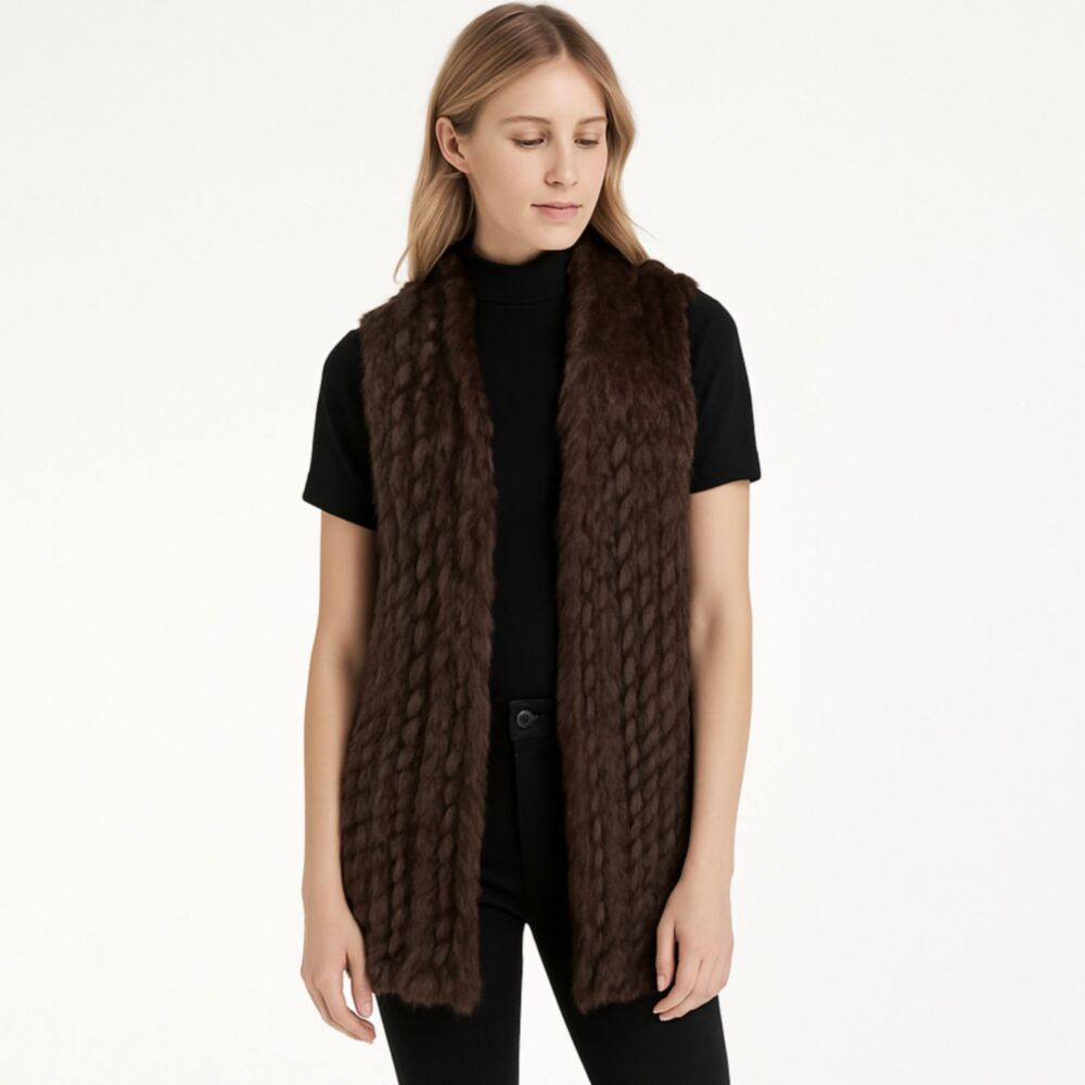 Linda Richards Rabbit Fur Vest Size S Brown Wool Blend Open Front Luxury